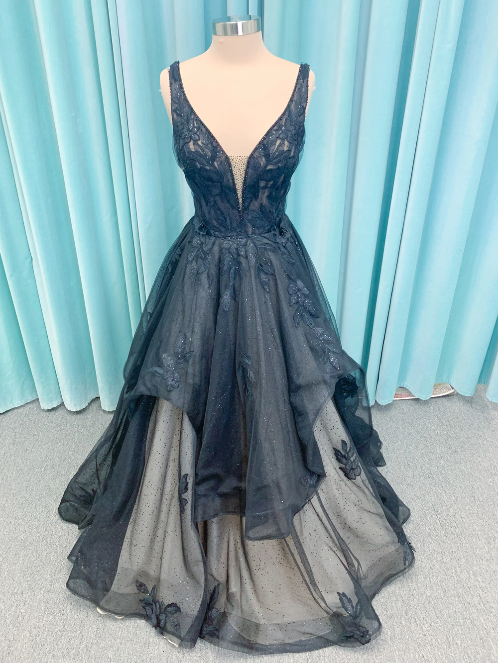 Dimensional Black Lace Ballgown Wedding Dress with Plunging V-Neckline and